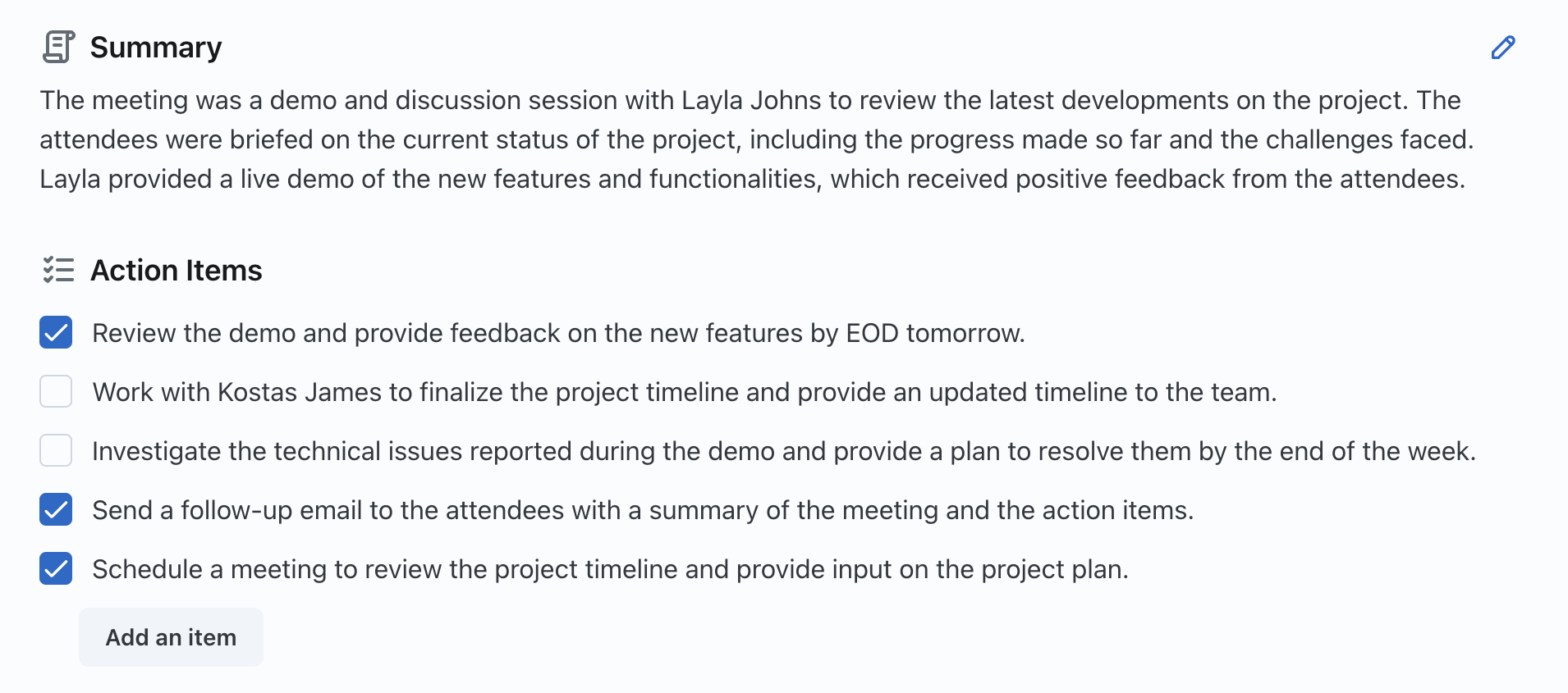 Meeting Summary and Actions